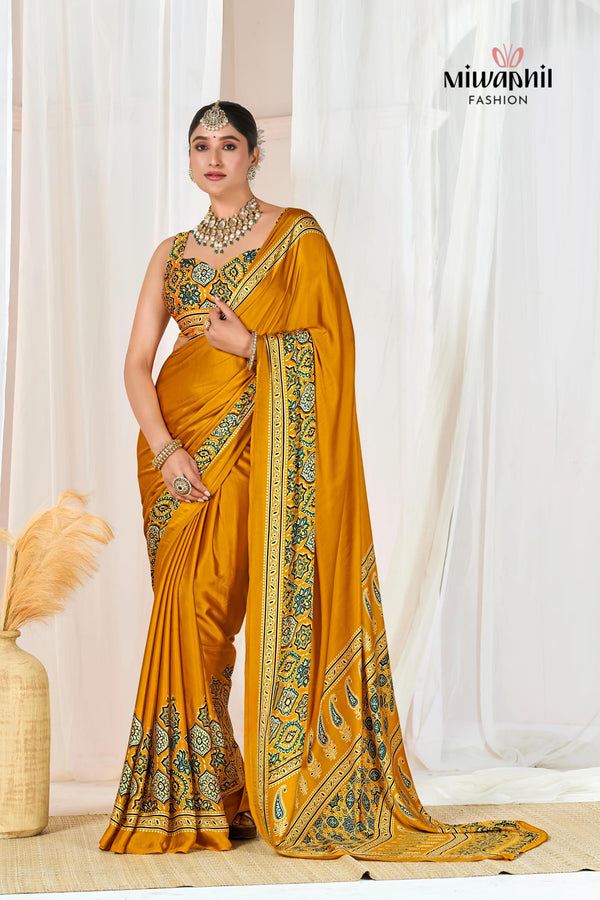 Yellow Ajrakh Printed Modal Silk Plain Saree With Ajrakh Blouse P6