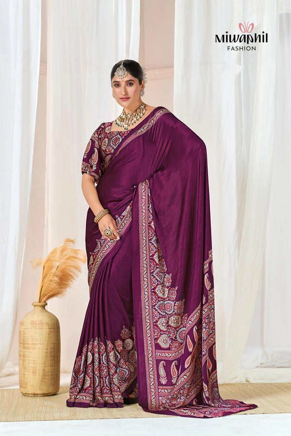 Wine Ajrakh Printed Modal Silk Plain Saree With Ajrakh Blouse P6
