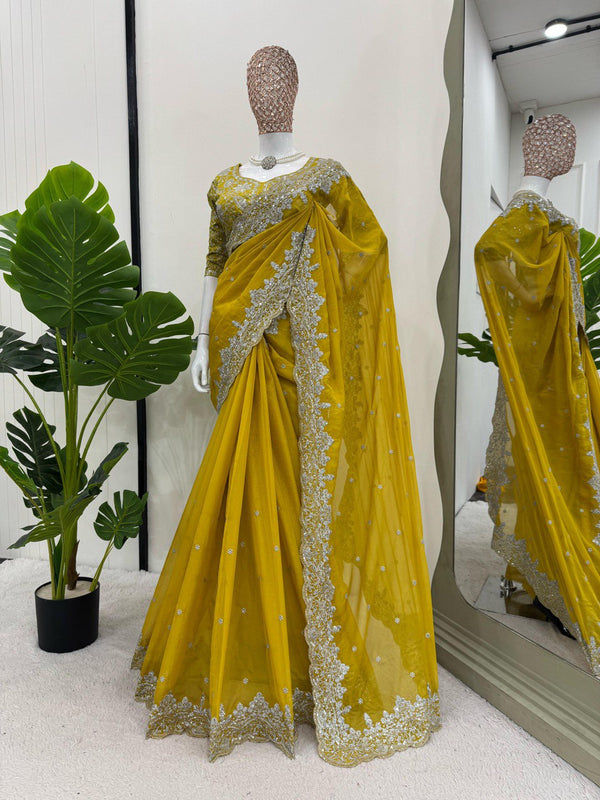 Yellow Beautiful Designer Saree on Heavy Tabby Silk Fabric with Thread & Sequence work