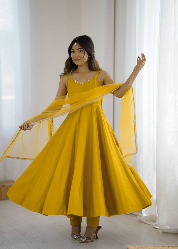 Yellow Color Chanderi Pure Roman Silk Anarkali Suit