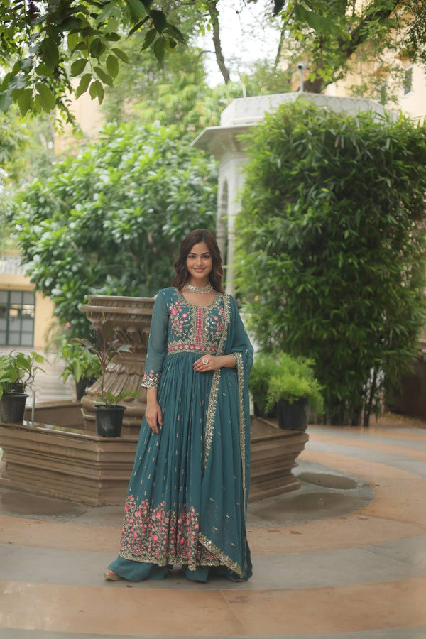 Teal Blue Premium Designer Ready-to-Wear Top-Sharara-Dupatta Collection