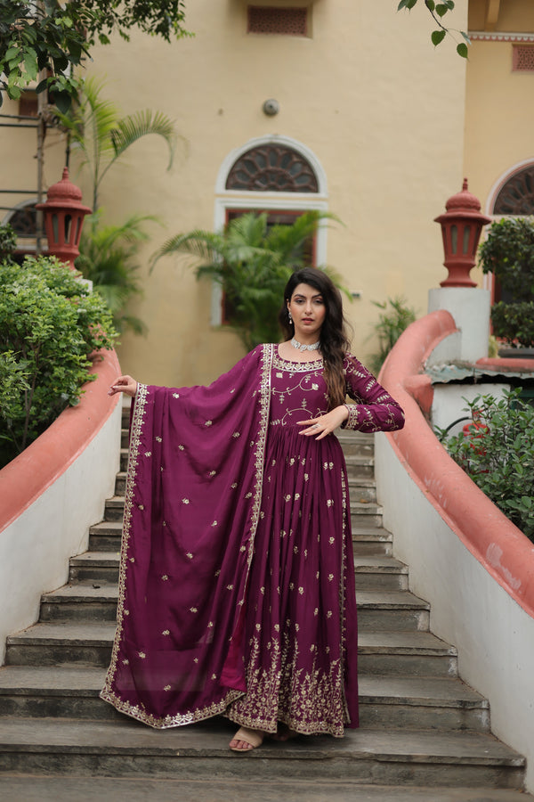Wine Designer Readymade Top-Sharara-Dupatta Sequins Embroidered Chinon Suit