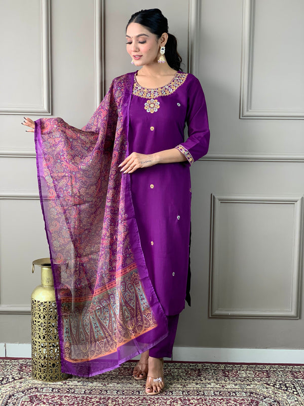 Purple Color Rayon Slub designer Kurti Pant Set