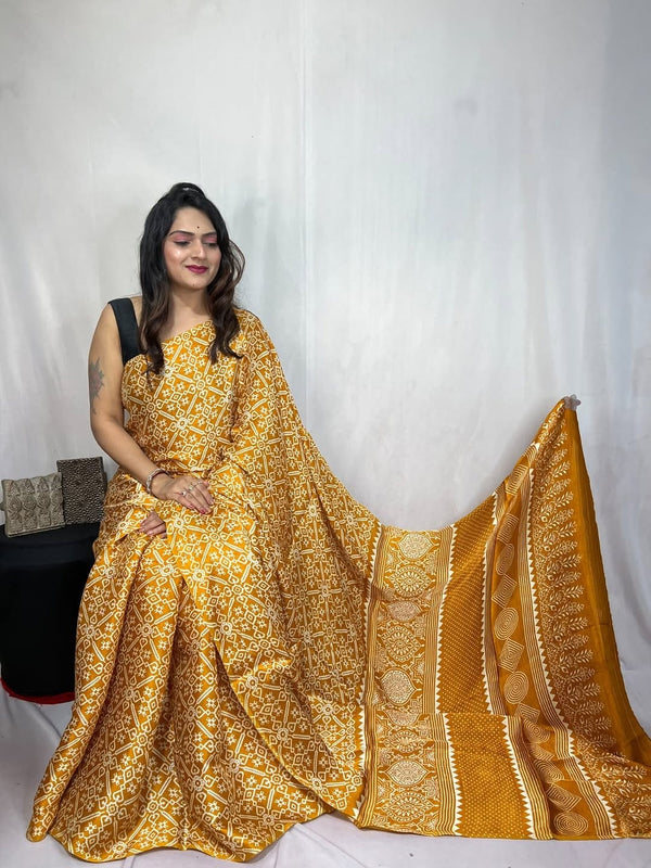 Yellow Ajrakh Primum Modal Silk Saree With Blouse