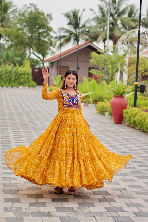 Yellow Color Traditional & Modern Ethnic Wear Stunning Bandhani Gowns